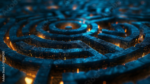 Dynamic image of a virtual labyrinth, its pathways illuminated by the flickering lights of navigating data packets,