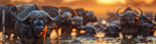 A Communal Gathering of Cape Buffalo Around a Watering Hole at Sunrise in the Savannah Landscape photo