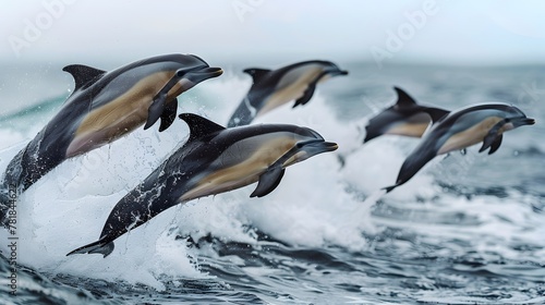 Joyful Leap of Dolphins Above Crashing Ocean Waves Embodying Freedom and Playfulness