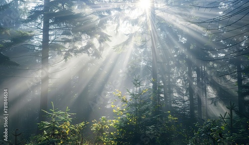 Majestic sunbeams breaking through misty forest foliage