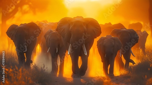 Majestic Herd of Elephants Trekking Through the Dust at Sunset Highlighting the Familial Bonds and in the Serene African Wilderness © Meta
