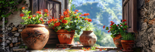 Summer Flowers Adorning Rustic European Home, Green and Red Splendor in Old Town Setting