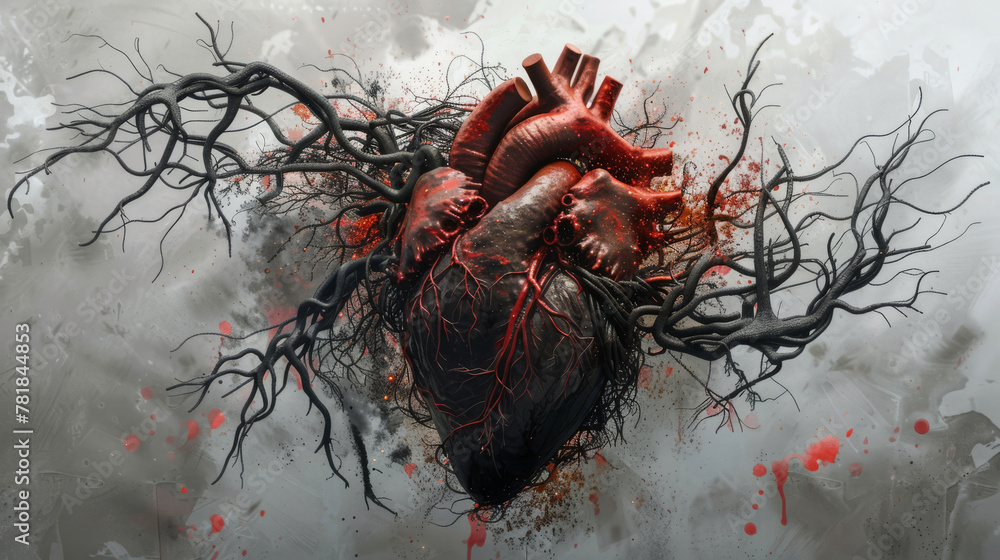 Artistic rendering of the human heart intertwined with dark vines of pollution, reflecting the health impacts of environmental neglect, Artistic rendering of the human heart intertwined with dark vines of pollution, reflecting the health impacts of environmental neglect,