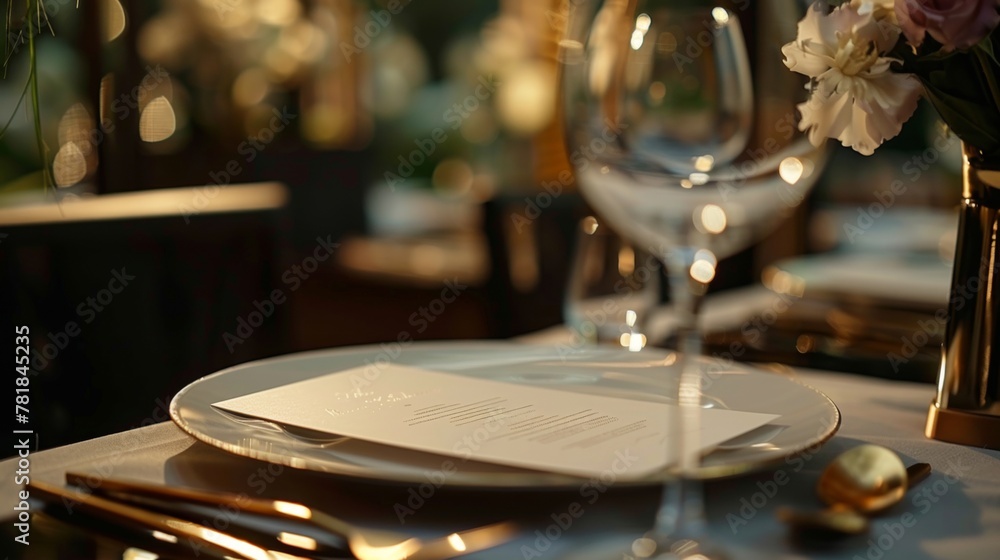 Luxurious fine dining table setting for wedding menu invitation card mockup at an elegant restaurant Luxurious fine dining table setting for wedding menu invitation card mockup at an elegant restaurant