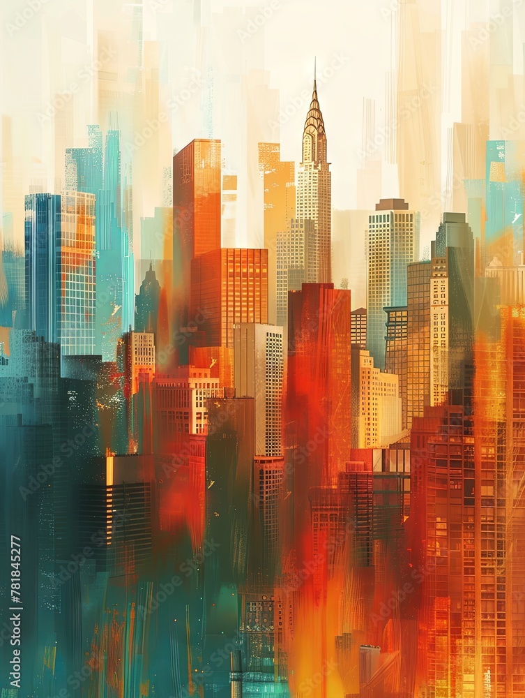 Modern city skyline with abstract geometric buildings.