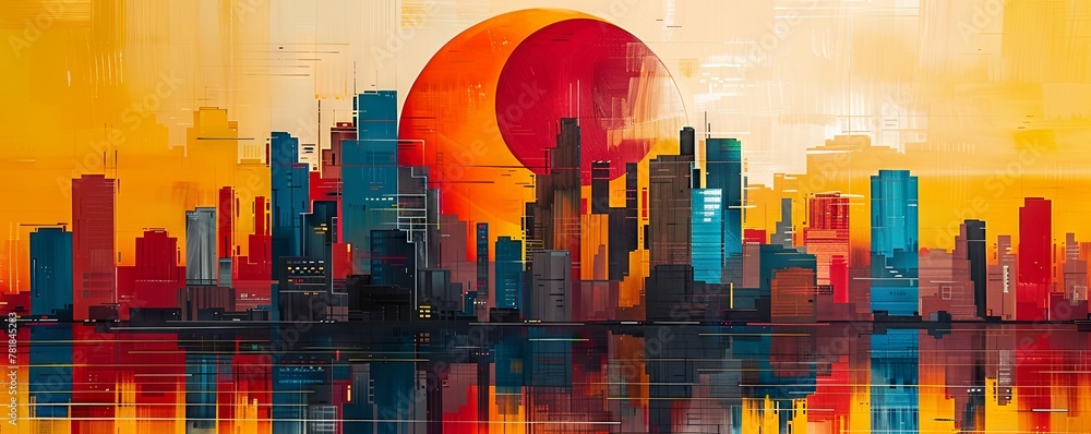 Geometric shapes and bold colors define this abstract cityscape.