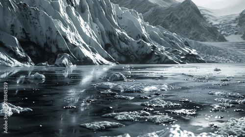Conceptual visualization of glaciers, once white and pristine, now dark with soot and melting rapidly,