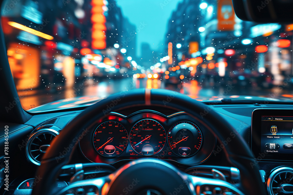 dashboard, steering wheel and speedometer in car close up. Interior salon of a modern car on the driver POV. Night city at rain behind windshield dashboard, steering wheel and speedometer in car close up. Interior salon of a modern car on the driver POV. Night city at rain behind windshield