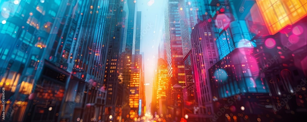 Colorful abstract buildings creating a dynamic cityscape backdrop.