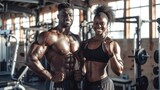 Create a dynamic image featuring a happy athletic couple, flexing their muscles with confidence after an intense workout in the gym.  