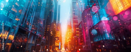 Colorful abstract buildings creating a dynamic cityscape backdrop.