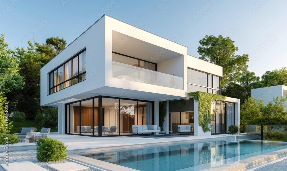 Modern two-story villa with pool basks in sunlight. A seamless blend of white walls, black window frames, and lush greenery creates a luxurious oasis