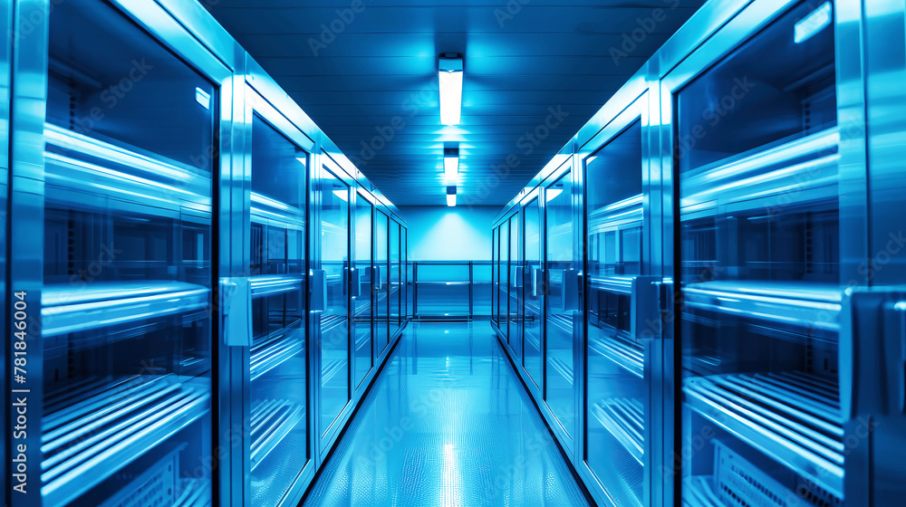 A lengthy hallway inside a building is brightly illuminated by blue lights, creating a captivating and mysterious atmosphere A lengthy hallway inside a building is brightly illuminated by blue lights, creating a captivating and mysterious atmosphere