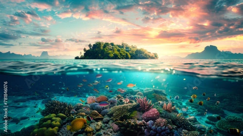 A tropical coral reef is visible underwater with the sun setting in the background