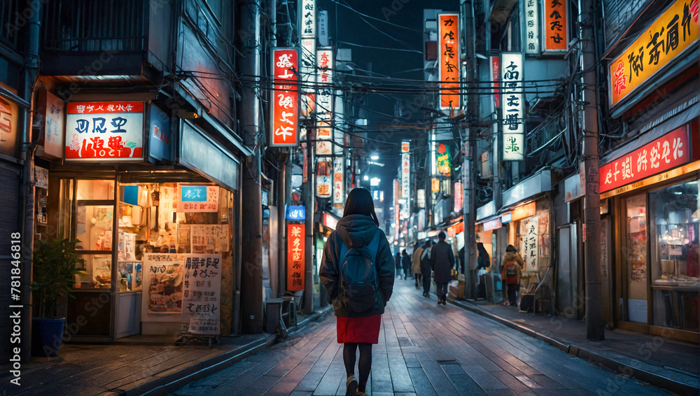 beautiful young japanese woman stands on the neon-lit streets of a large city