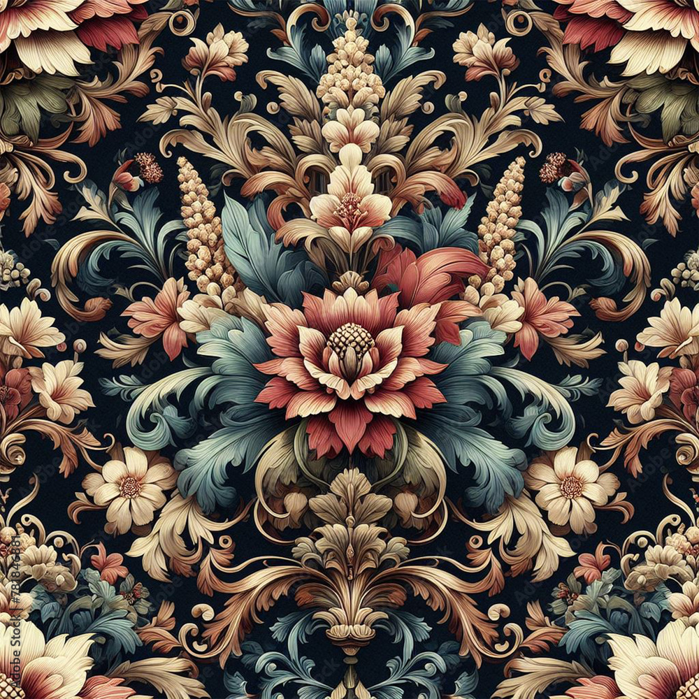 custom made wallpaper toronto digitalBeautiful floral elegant swirls damask fabric seamless pattern of hand drawn flowers with decorative dark vintage with colorful wallpaper background