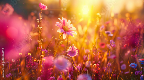 Sunset Over a Colorful Summer Meadow, Vibrant Flowers and Soft Sky, Natures Peaceful Beauty