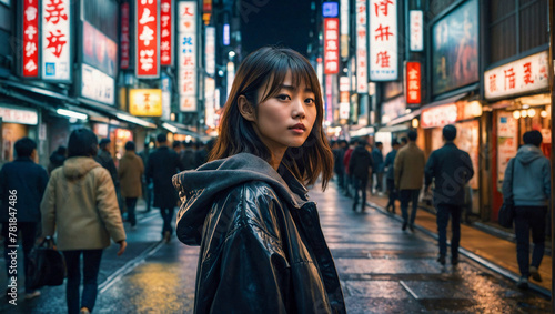 beautiful young japanese woman stands on the neon-lit streets of a large city