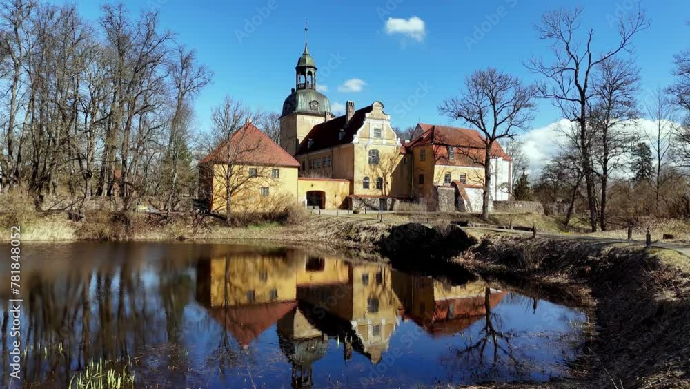 aerial view of Lielstraupe Castle is a castle Straupe Parish, Latvia with scenic reflection on lake still water aerial view of Lielstraupe Castle is a castle Straupe Parish, Latvia with scenic reflection on lake still water