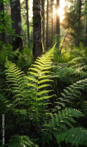 Sunlight filters through the forest  illuminating a green fern.