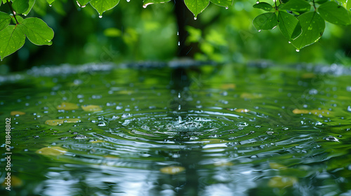 Raindrops falling on the water, creating ripples and splashes in a serene green garden