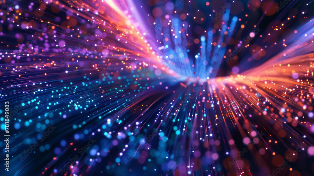 Obraz premium Visualization of data packets navigating through a labyrinth of fiber optics, guided by quantum algorithms,