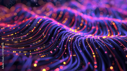 Visualization of data packets navigating through a labyrinth of fiber optics, guided by quantum algorithms, photo
