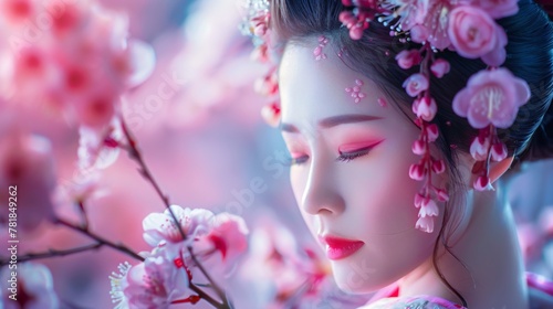 geisha with sakura flowers, portrait of a japanese woman