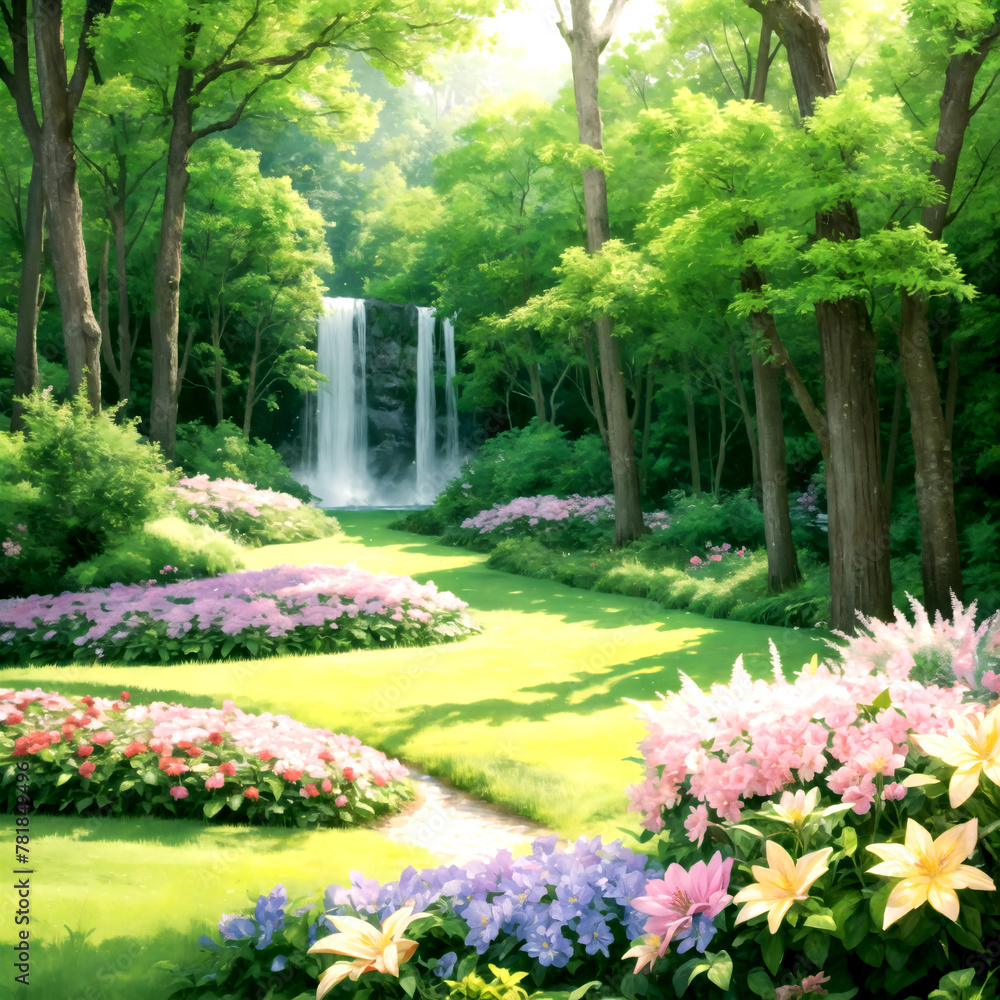 Beautiful waterfall forest and flowers under the sun, dreamy landscape