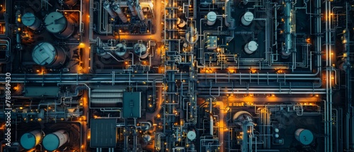 Aerial shot of refinery infrastructure, vast network of pipes and tanks, with embedded price chart,
