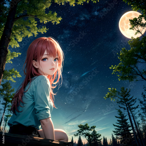 Girl under the moonlight and starry sky at night,fantasy characters
