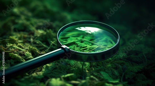 plant life under magnifying glass on a background of green grass