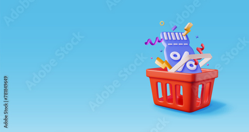 3d shopping basket and coupon with percentage symbol. Render realistic shopping cart and colorful confetti around discount voucher. Sale discount clearance. Online retail shopping. Vector illustration