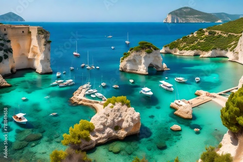 Bright spring view of the Cameo Island. Picturesque morning scene on the Port Sostis, Zakinthos island, Greece, Europe. Beauty of nature