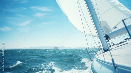 Sailboat sails with wind power On the background of the blue sky with sea waves 