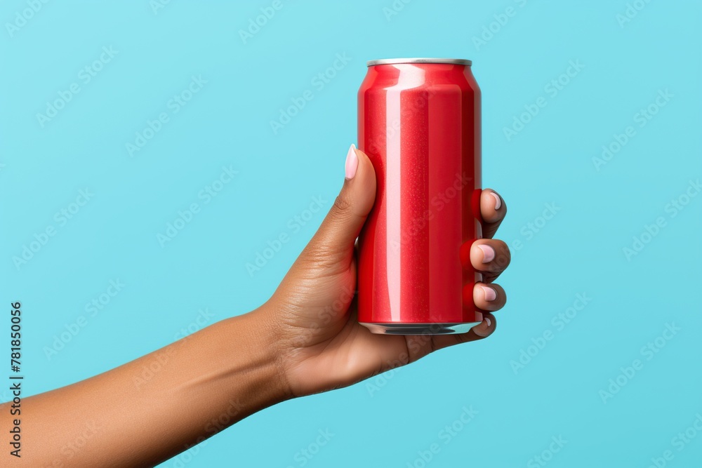 Female hand holding a can of cola isolated on blue background. - obrazy, fototapety, plakaty 