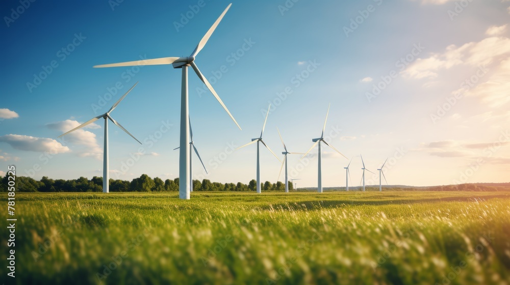 windmills stood tall. on the background of green grass With the wind blowing through windmills stood tall. on the background of green grass With the wind blowing through