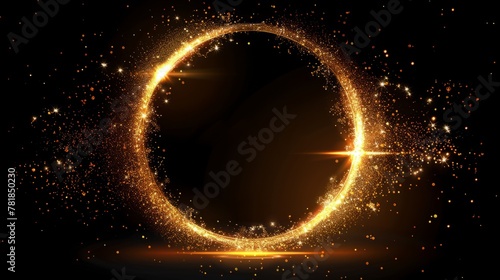 A circular frame decorated with golden sparkles. It creates a glowing light against the black background. Suitable for celebration occasions Complex branding or the context of exquisite design