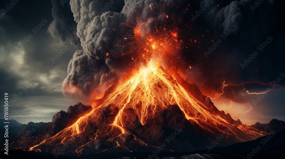 Volcano erupts, lava flows over black sky background. 