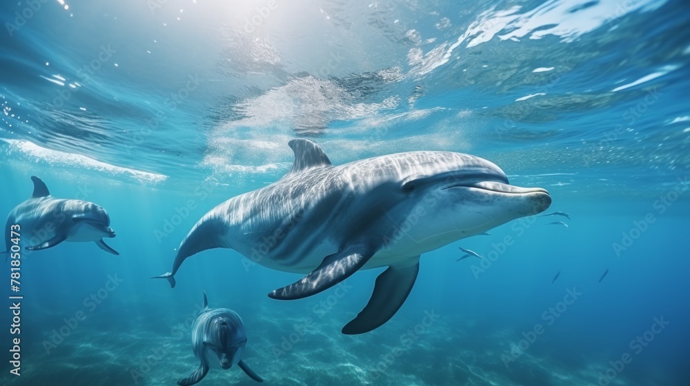 Obraz premium Whales, dolphins swimming, blue sky, clear water on a blue sky background.