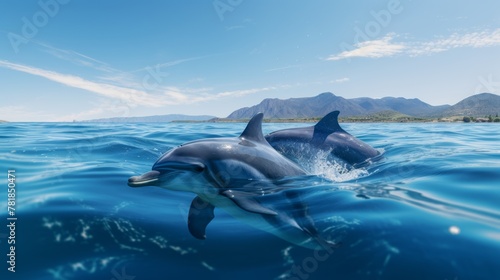 Whales, dolphins swimming, blue sky, clear water on a blue sky background.