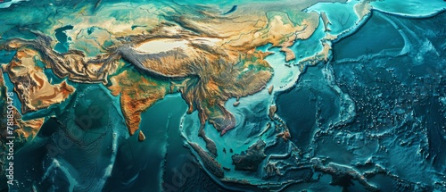 Digital elevation model of Asia, overlaid with cyber technology innovation layers, photo