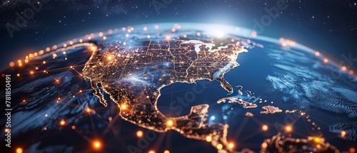 Digital mesh globe with America as a central hub of glowing data points, connectivity and cyber technology, photo