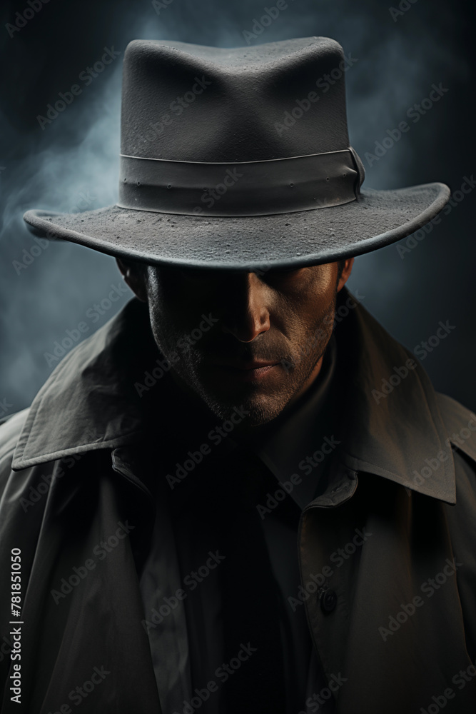Retro male detective in a cloak and hat on a dark street in the fog Retro male detective in a cloak and hat on a dark street in the fog