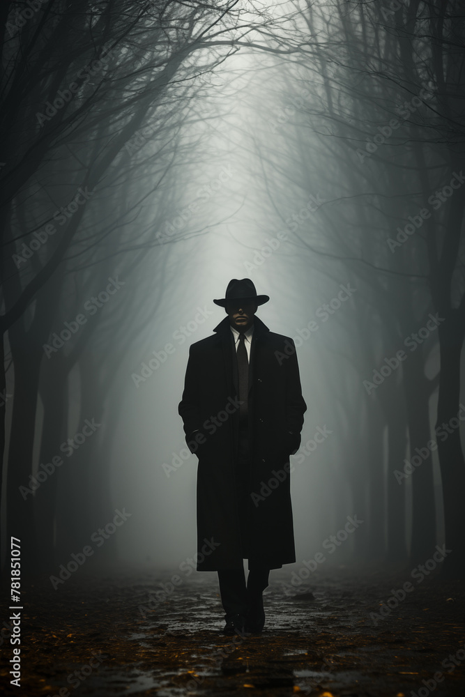 Retro male detective in a cloak and hat on a dark street in the fog Retro male detective in a cloak and hat on a dark street in the fog