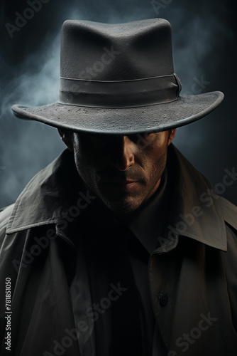 Retro male detective in a cloak and hat on a dark street in the fog