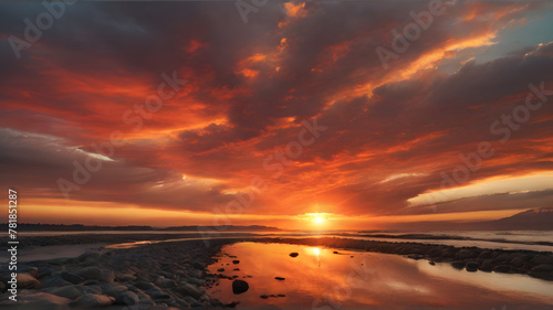 The phenomenon of fiery clouds during sunset. The colors and textures of the fiery clouds with the rays of the setting sun  creating a magnificent scene that highlights the beauty of nature.