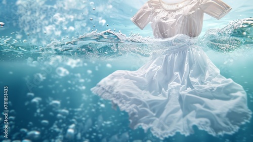 Laundry advertisement  clothes in washing machine with bubbles, wet splashes, and copy space photo