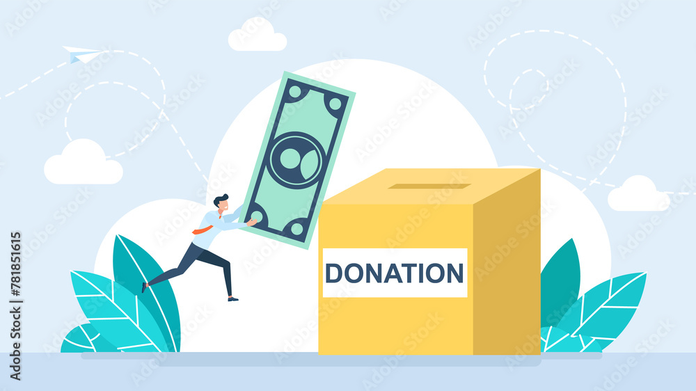 Fototapeta premium Donation and charity concept. Man donating for charity. Volunteer collecting and putting money in donation boxes. Charity and financial support concept. Flat cartoon illustration