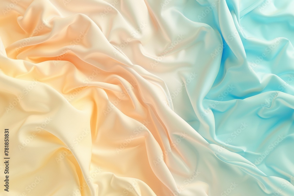 Fototapeta premium Colorful pastel soft blues, light yellows gradient on a silk satin flowing fabric with folds and waves